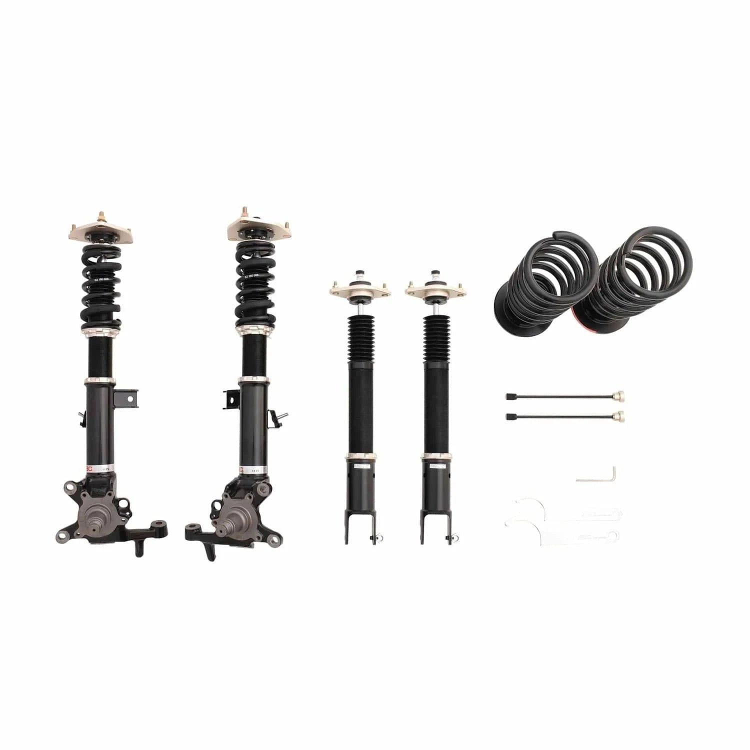 BC Racing kit overview — front spindle assemblies and rear shocks