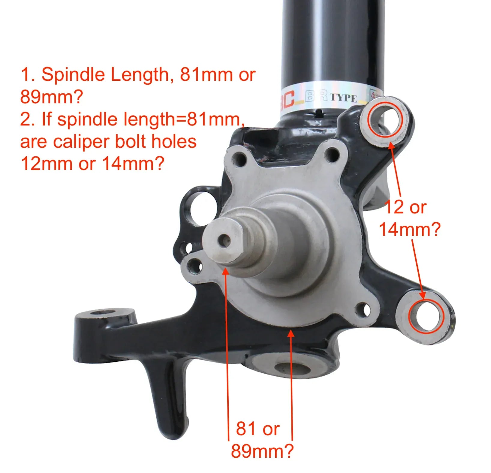 Spindle measurement guide — verify spindle length (81mm or 89mm) and caliper bolt hole diameter (12mm or 14mm) before ordering