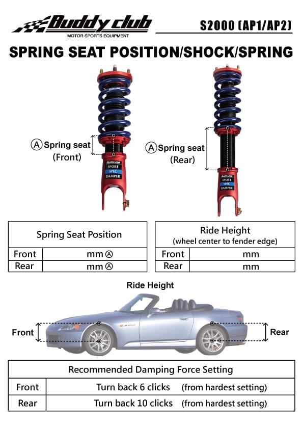 Buddy Club Sport Spec Coilovers - 2000-2009 Honda S2000 (AP1/AP2) BC02-SSHAP12