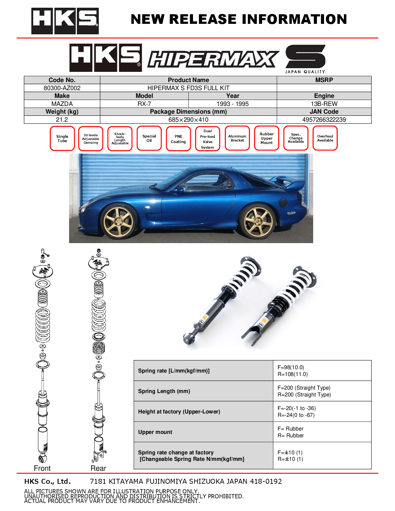 HKS Hipermax S Coilovers for 1993-1996 Mazda RX-7 (FD3S) 80300-AZ002