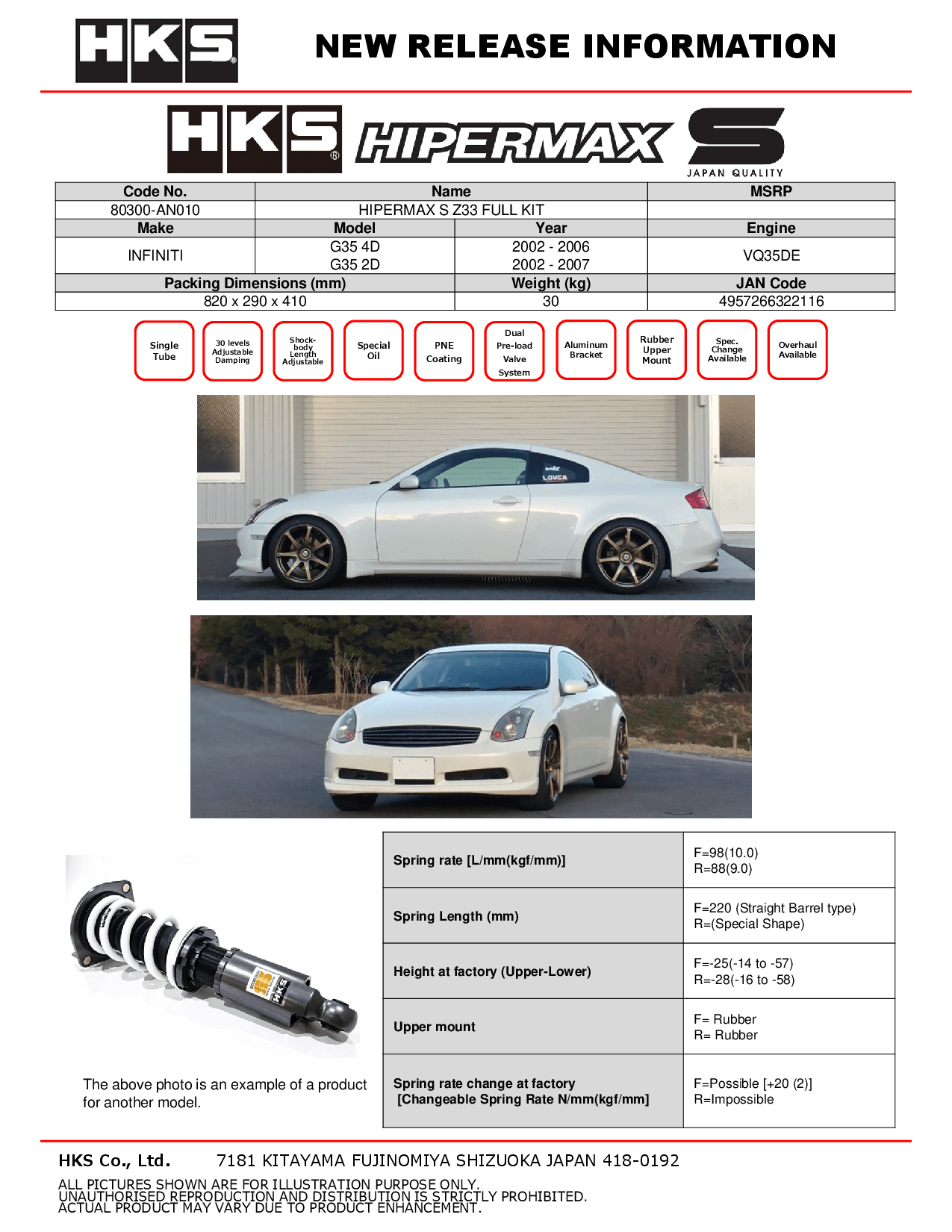 HKS Hipermax S Coilovers for 2002-2006 Infiniti G35 4DR (Z33) 80300-AN010