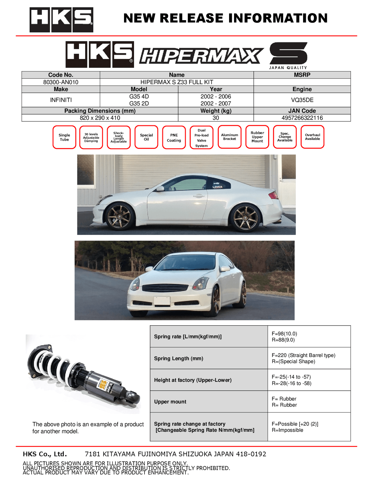 HKS Hipermax S Coilovers for 2002-2007 Infiniti G35 2DR (Z33) 80300-AN010