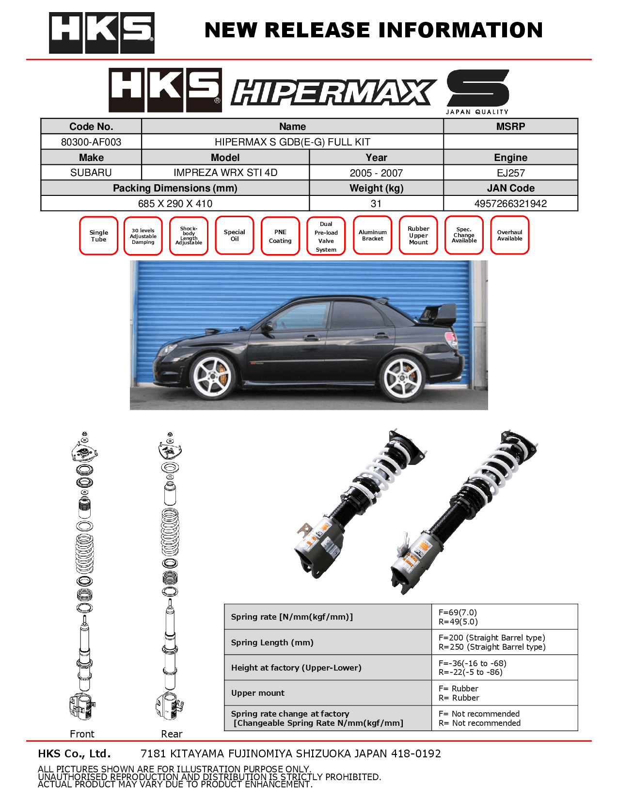 HKS Hipermax S Coilovers for 2005-2007 Subaru WRX STI (GDB) 80300-AF003