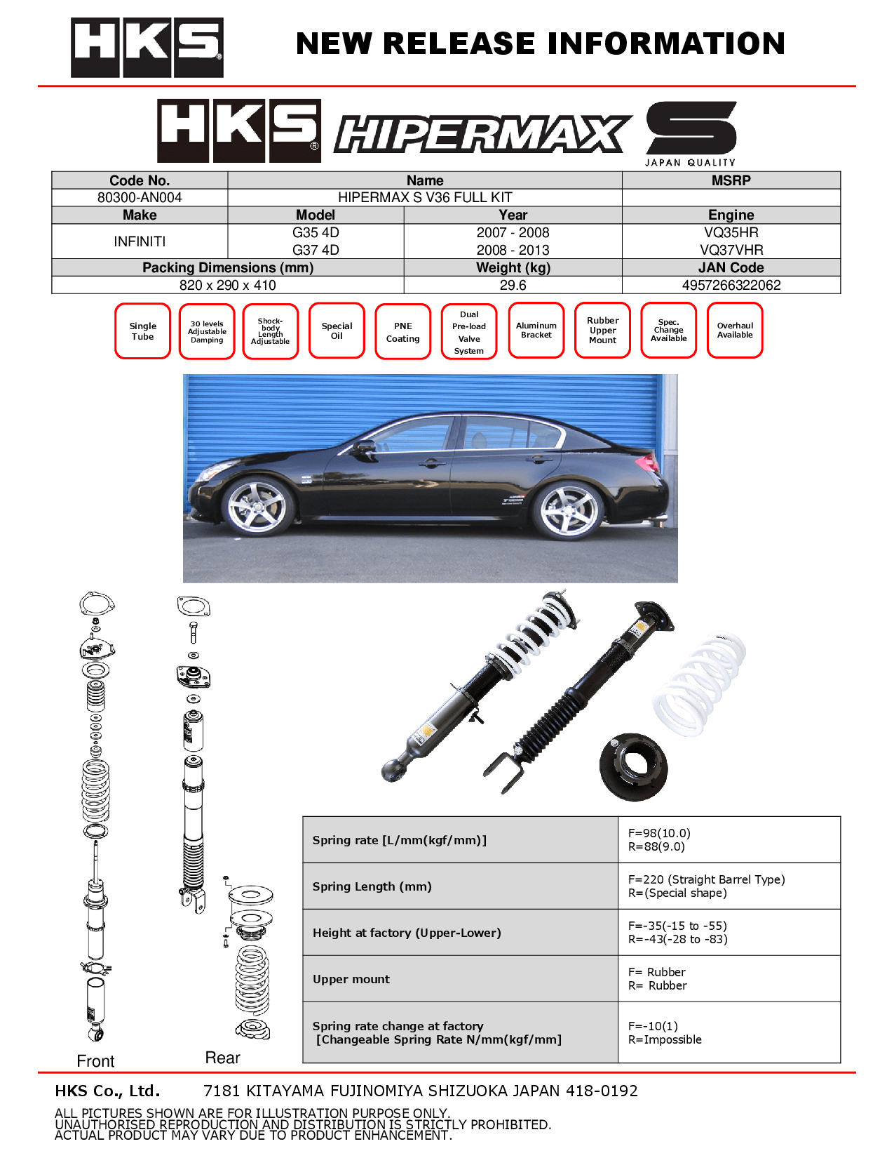 HKS Hipermax S Coilovers for 2008-2013 Infiniti G37 4DR (V36) 80300-AN004