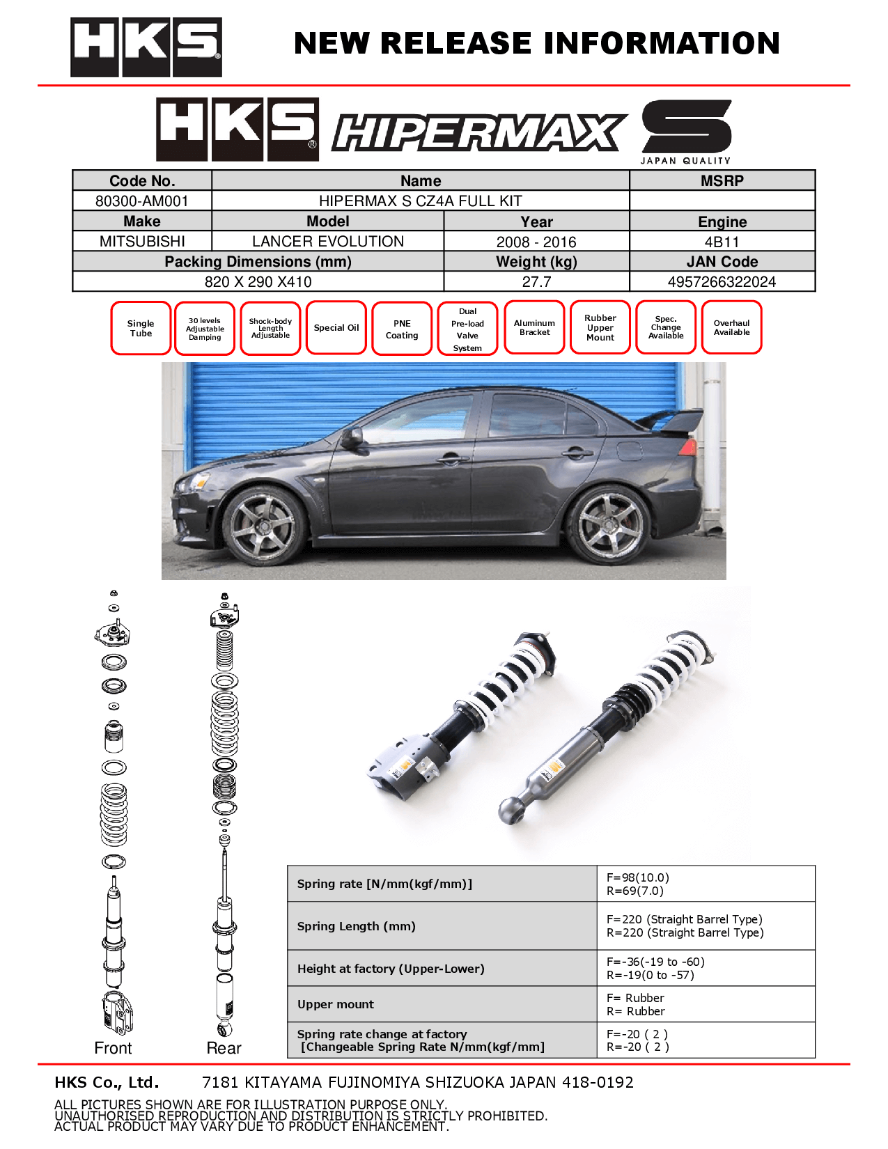 HKS Hipermax S Coilovers for 2008-2015 Mitsubishi Lancer Evo X (CZ4A)