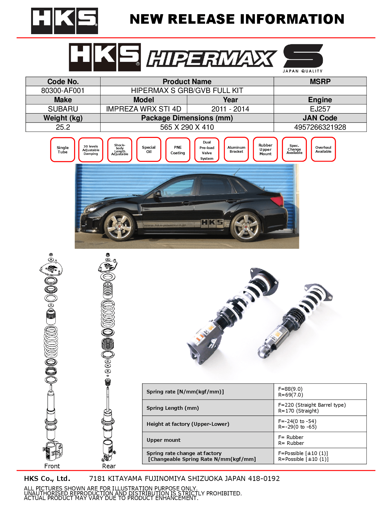 HKS Hipermax S Coilovers for 2011-2014 Subaru WRX STI (GRB/GRV)