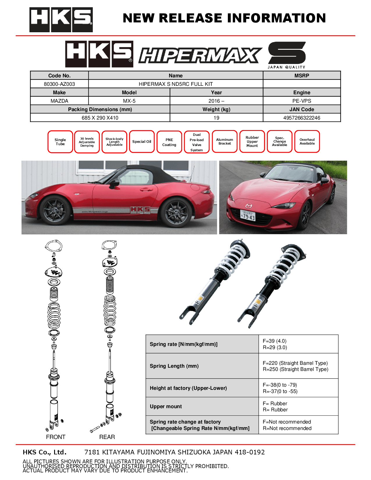 HKS Hipermax S Coilovers for 2016+ Mazda MX-5 Miata (ND) 80300-AZ003