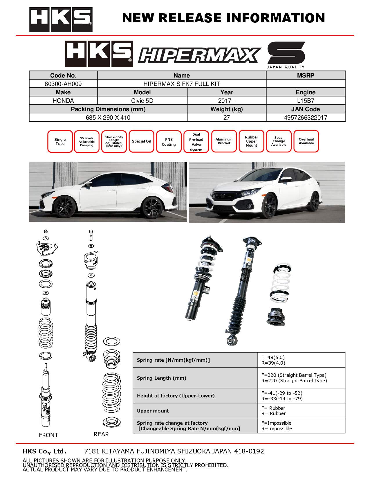 HKS Hipermax S Coilovers for 2017+ Honda Civic Hatchback 5DR (FK7) 80300-AH009