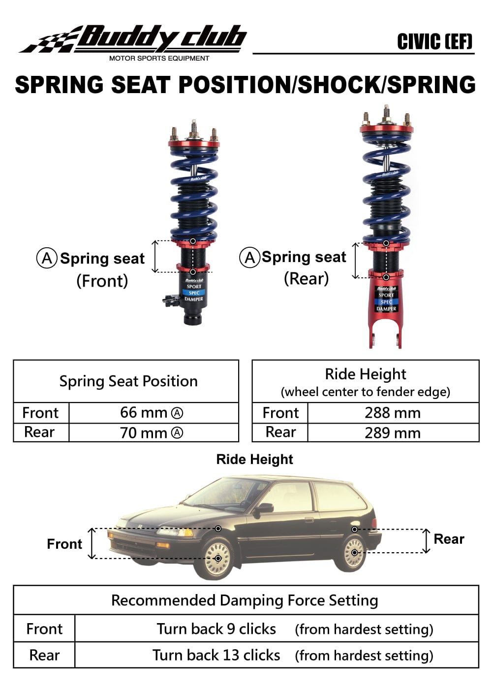 Buddy Club Sport Spec Coilovers - 1989-1991 Honda Civic/CR-X (EF) BC02-SSHEF