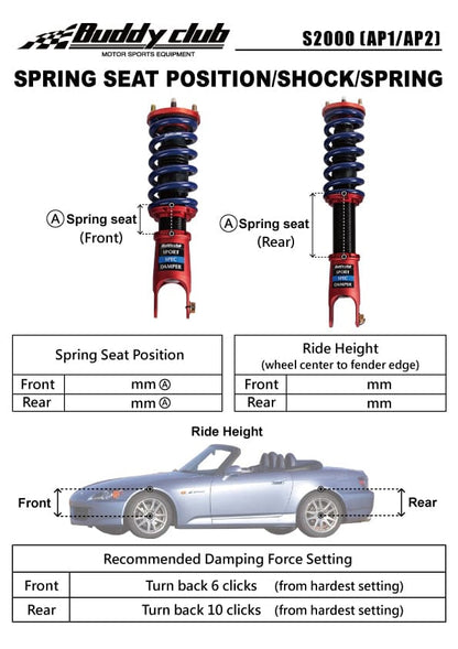 Buddy Club Sport Spec Coilovers - 2000-2009 Honda S2000 (AP1/AP2) BC02-SSHAP12
