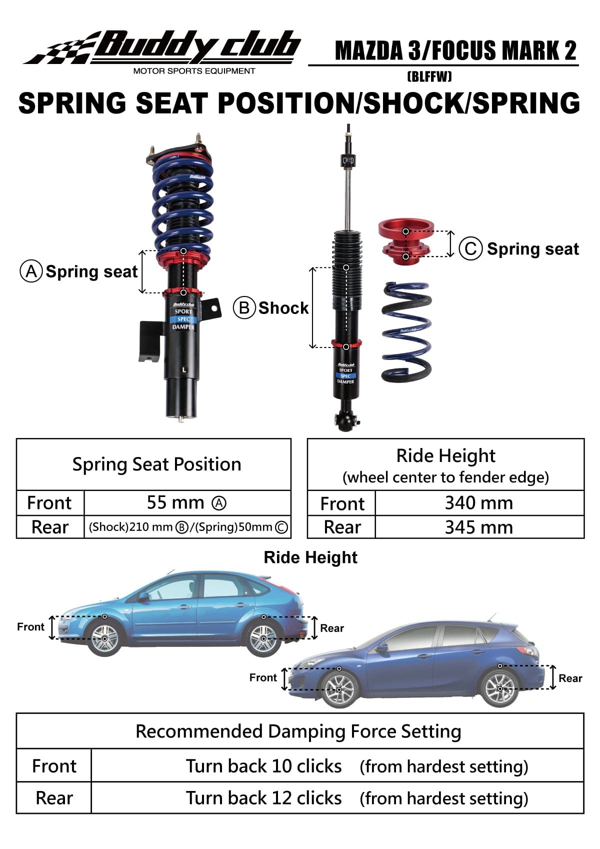 Buddy Club Sport Spec Coilovers - 2008-2013 Mazda 3 BC02-SSM3BL