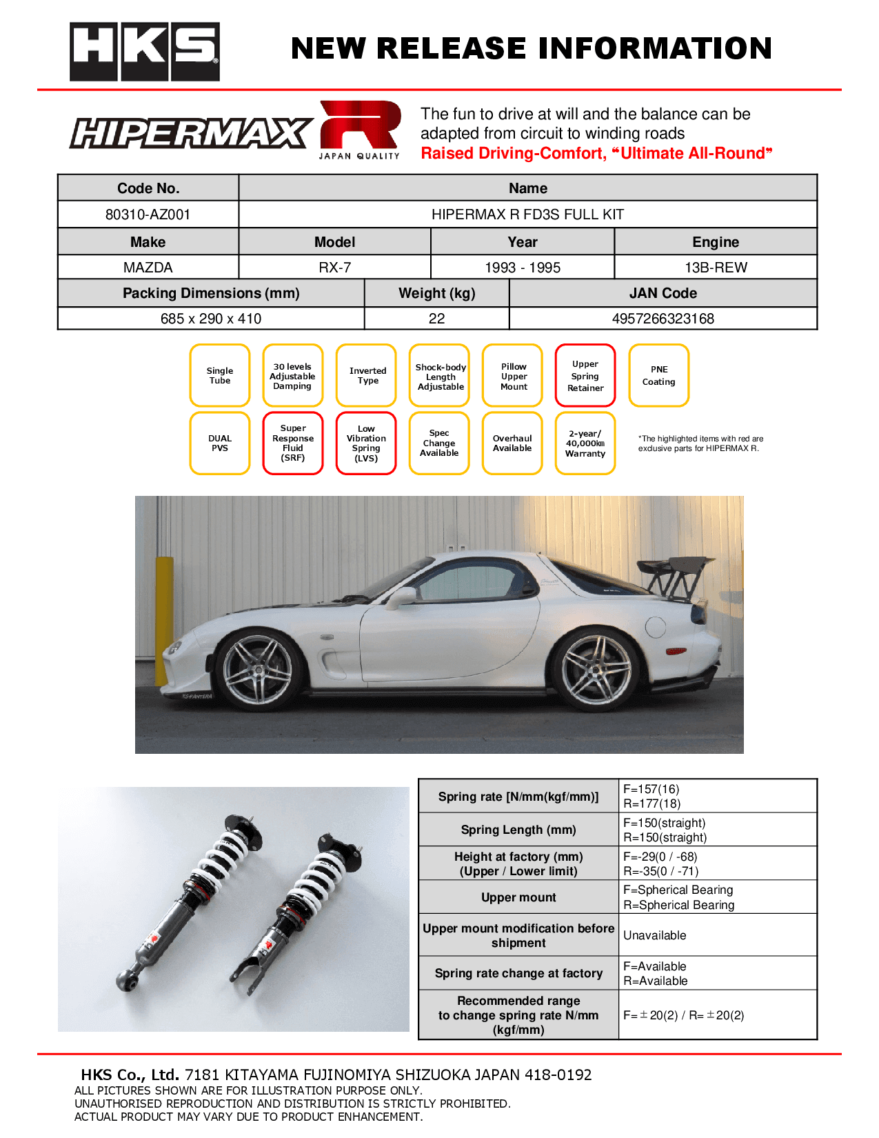 HKS Hipermax R Coilovers for 1993-1996 Mazda RX-7 (FD3S) 80310-AZ001