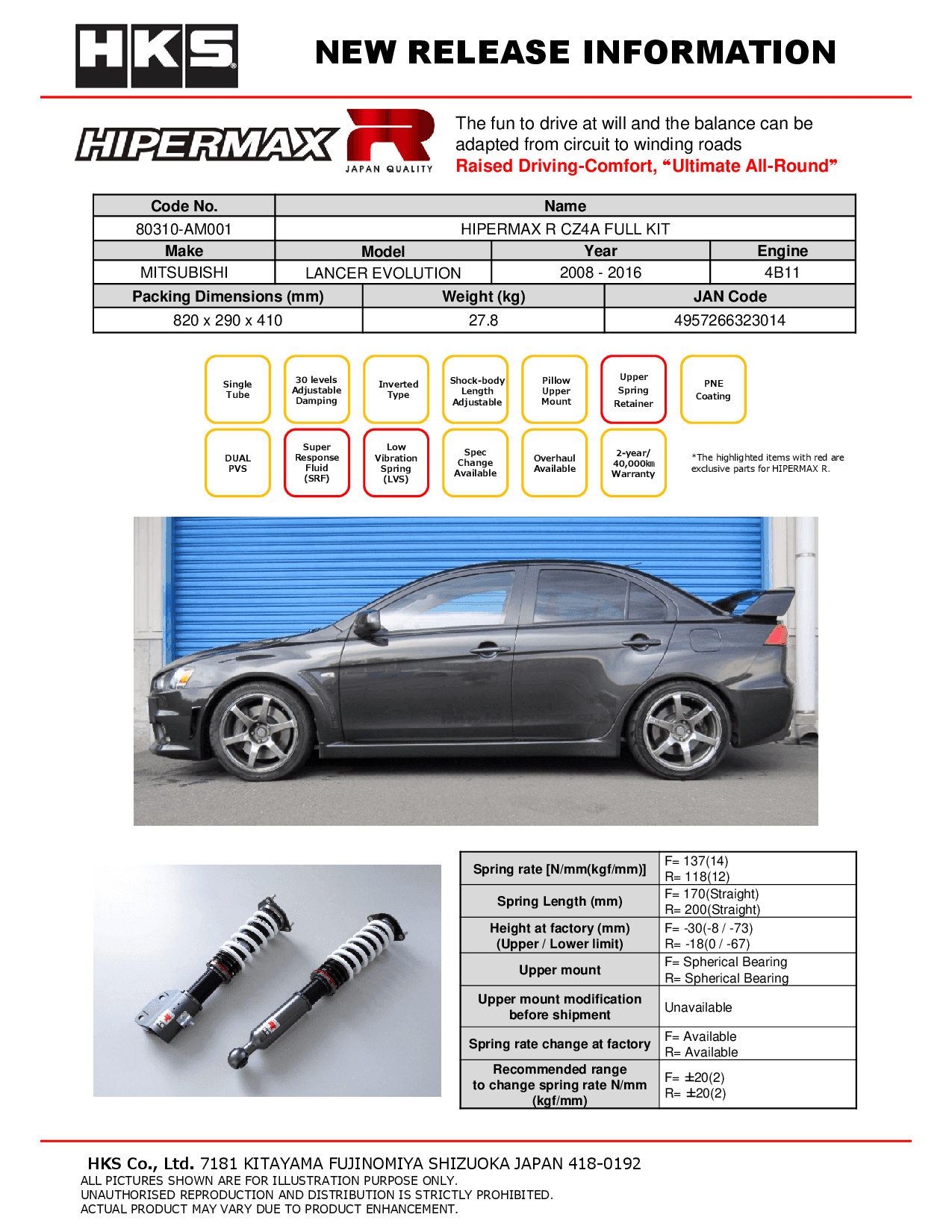 HKS Hipermax R Coilovers for 2002-2007 Mitsubishi Lancer Evo 7/8/9 (CT9A) 80310-AM002