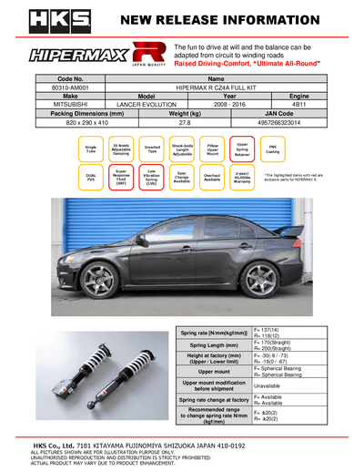HKS Hipermax R Coilovers for 2002-2007 Mitsubishi Lancer Evo 7/8/9 (CT9A) 80310-AM002