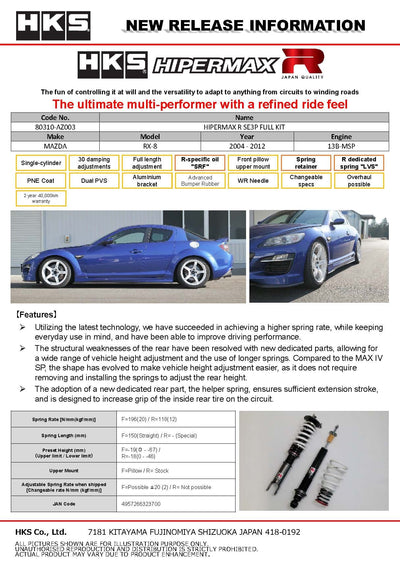 HKS Hipermax R Coilovers for 2004-2012 Mazda RX-8 (SE3P) 80310-AZ003