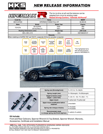 HKS Hipermax R Coilovers for 2020+ Toyota GR Supra (A90) 80310-AT003