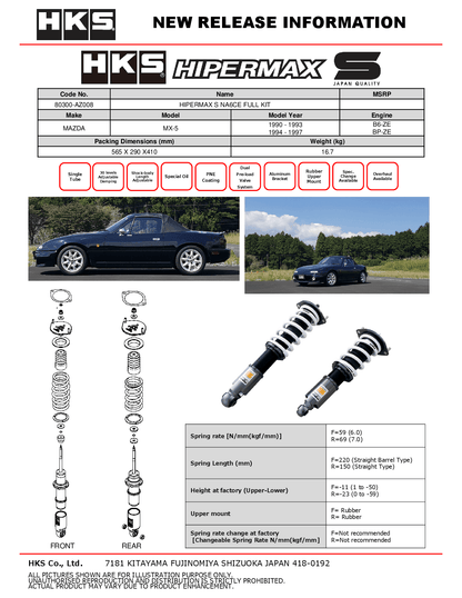 HKS Hipermax S Coilovers for 1990-1997 Mazda MX-5 Miata (NA) 80300-AZ008