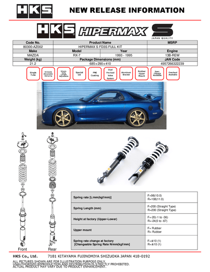 HKS Hipermax S Coilovers for 1993-1996 Mazda RX-7 (FD3S) 80300-AZ002