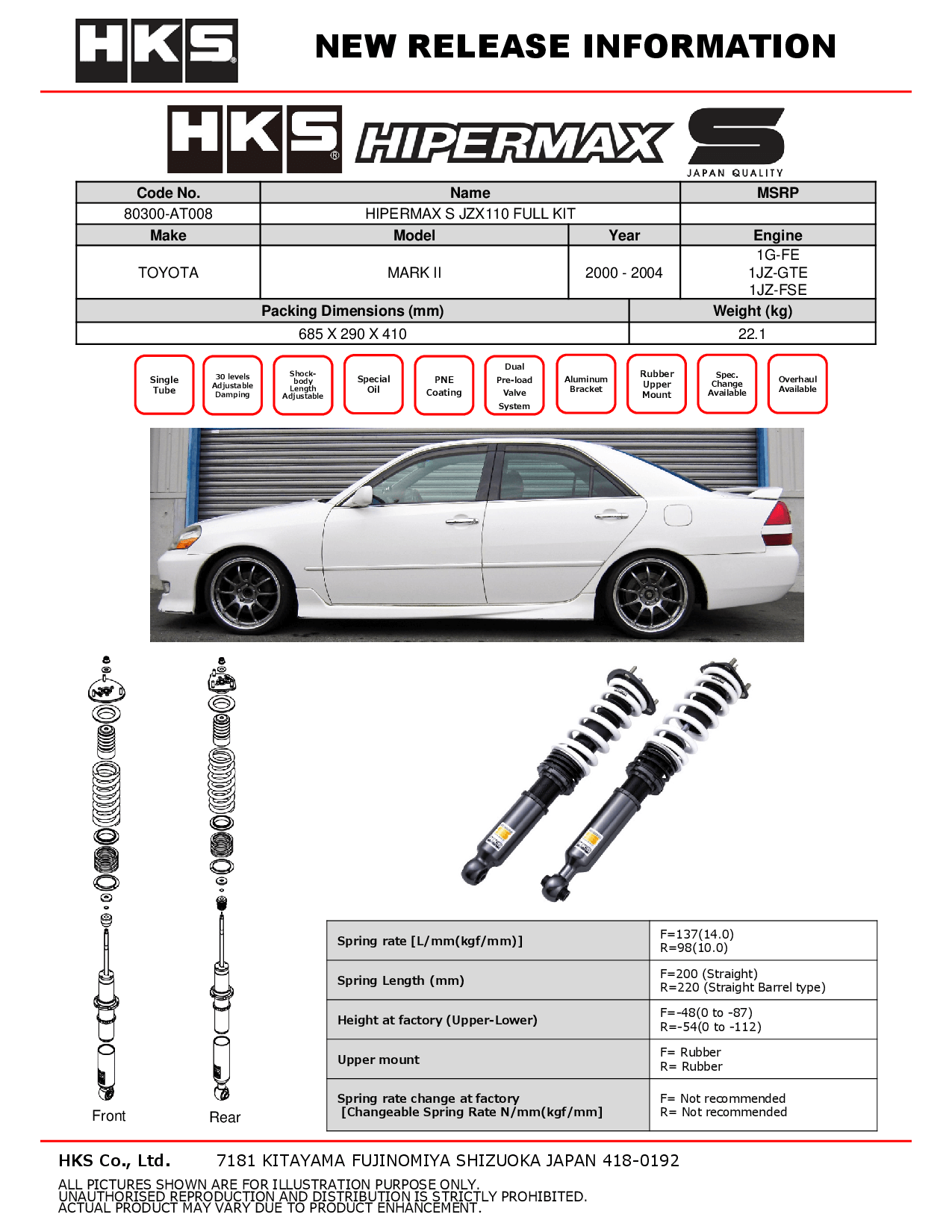 HKS Hipermax S Coilovers for 2000-2004 Toyota Mark II (JZX110) 80300-AT008