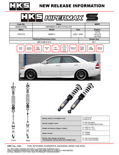 HKS Hipermax S Coilovers for 2000-2004 Toyota Mark II (JZX110) 80300-AT008