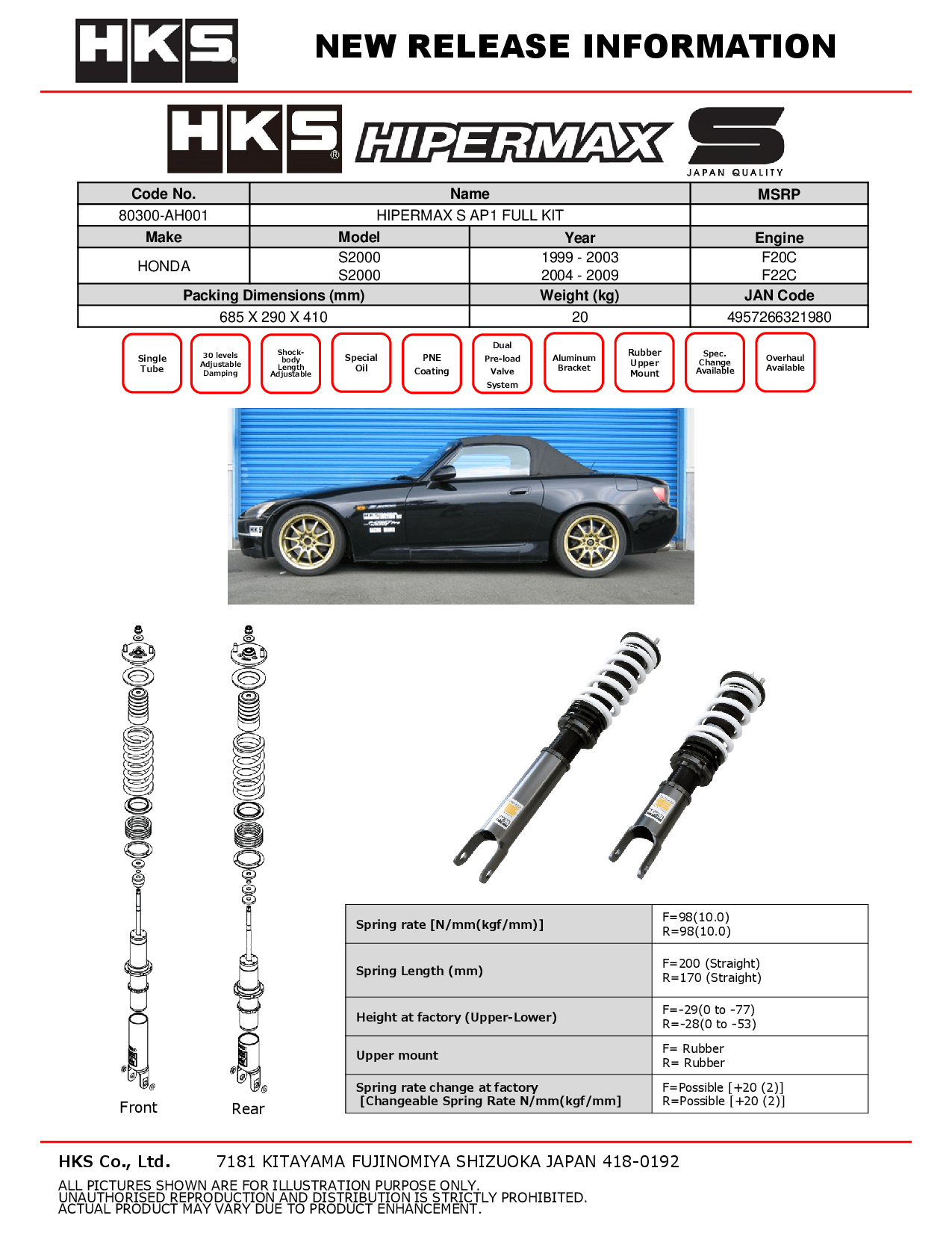 HKS Hipermax S Coilovers for 2000-2009 Honda S2000 (AP1/AP2) 80300-AH001