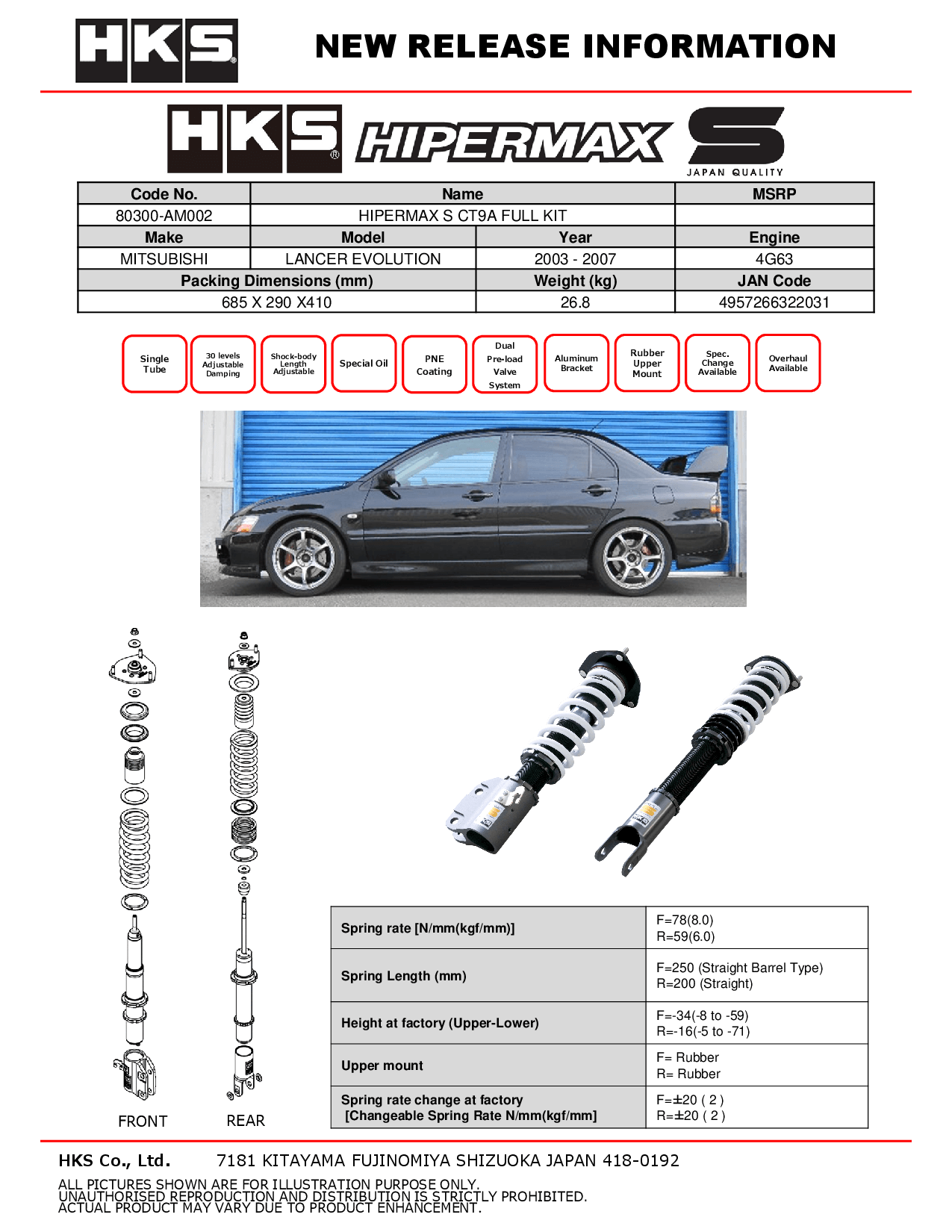 HKS Hipermax S Coilovers for 2003-2007 Mitsubishi Lancer Evo 7/8/9 (CT9A) 80300-AM002