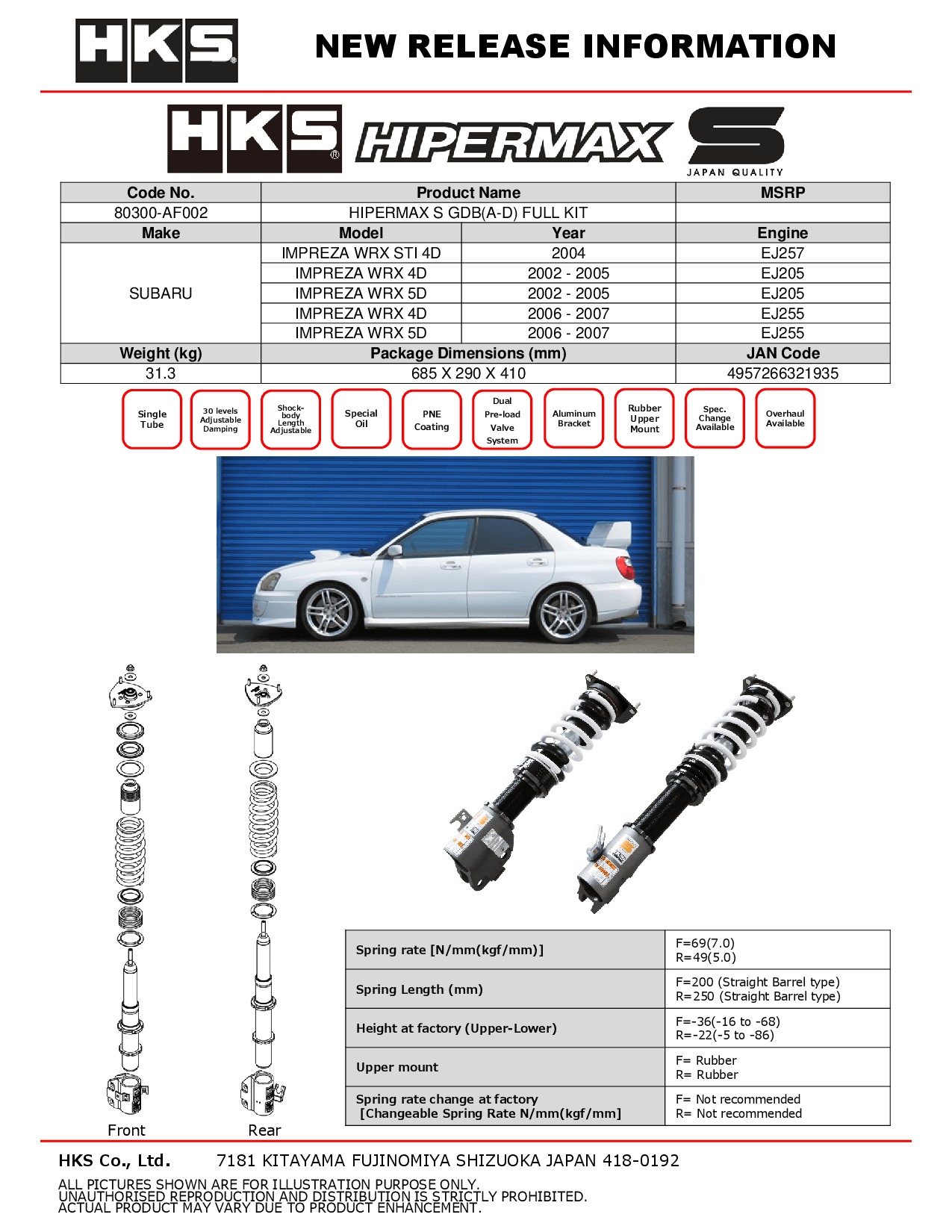 HKS Hipermax S Coilovers for 2004 Subaru WRX STI 4DR (GDB) 80300-AF002