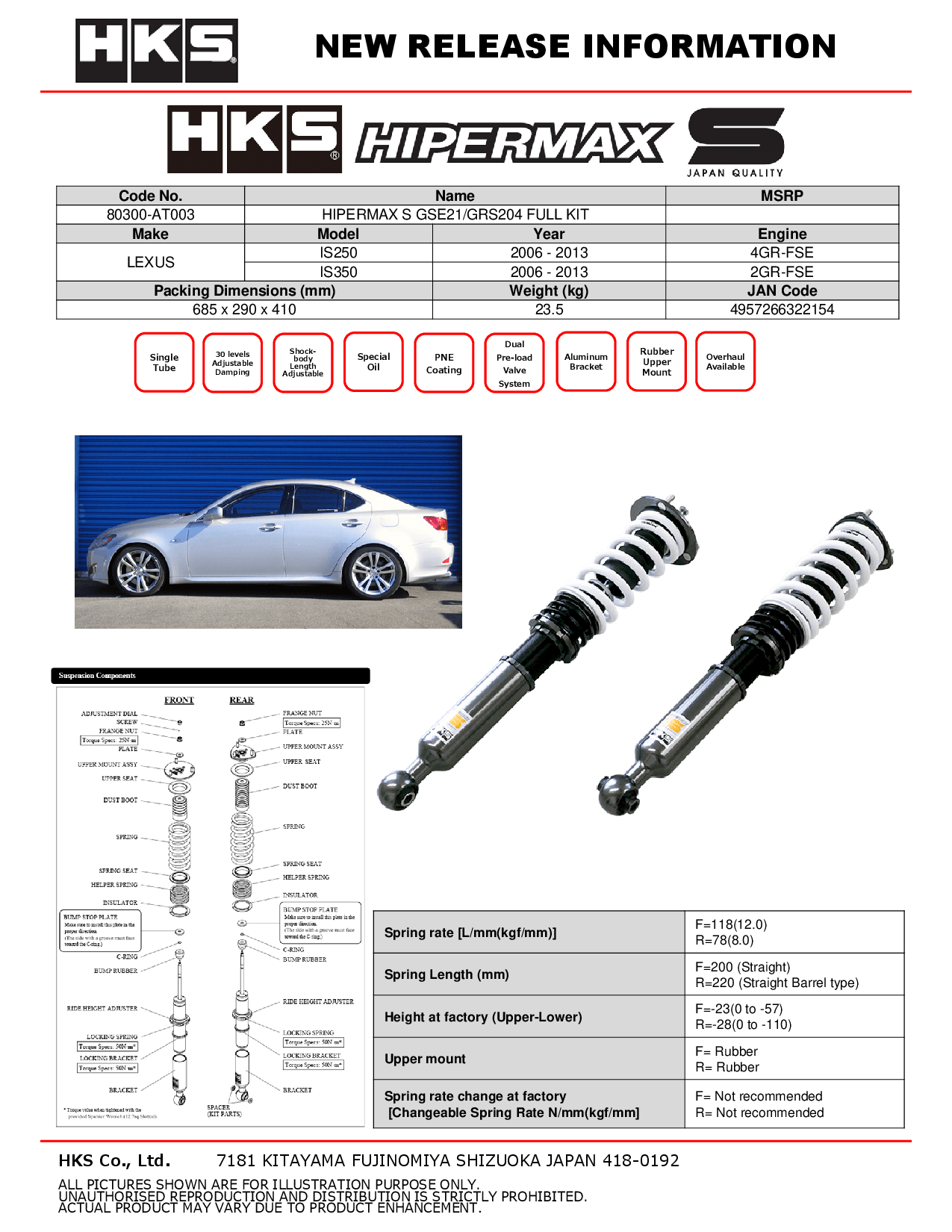 HKS Hipermax S Coilovers for 2006-2007 Lexus GS430 (GSE21/GRS204) 80300-AT003