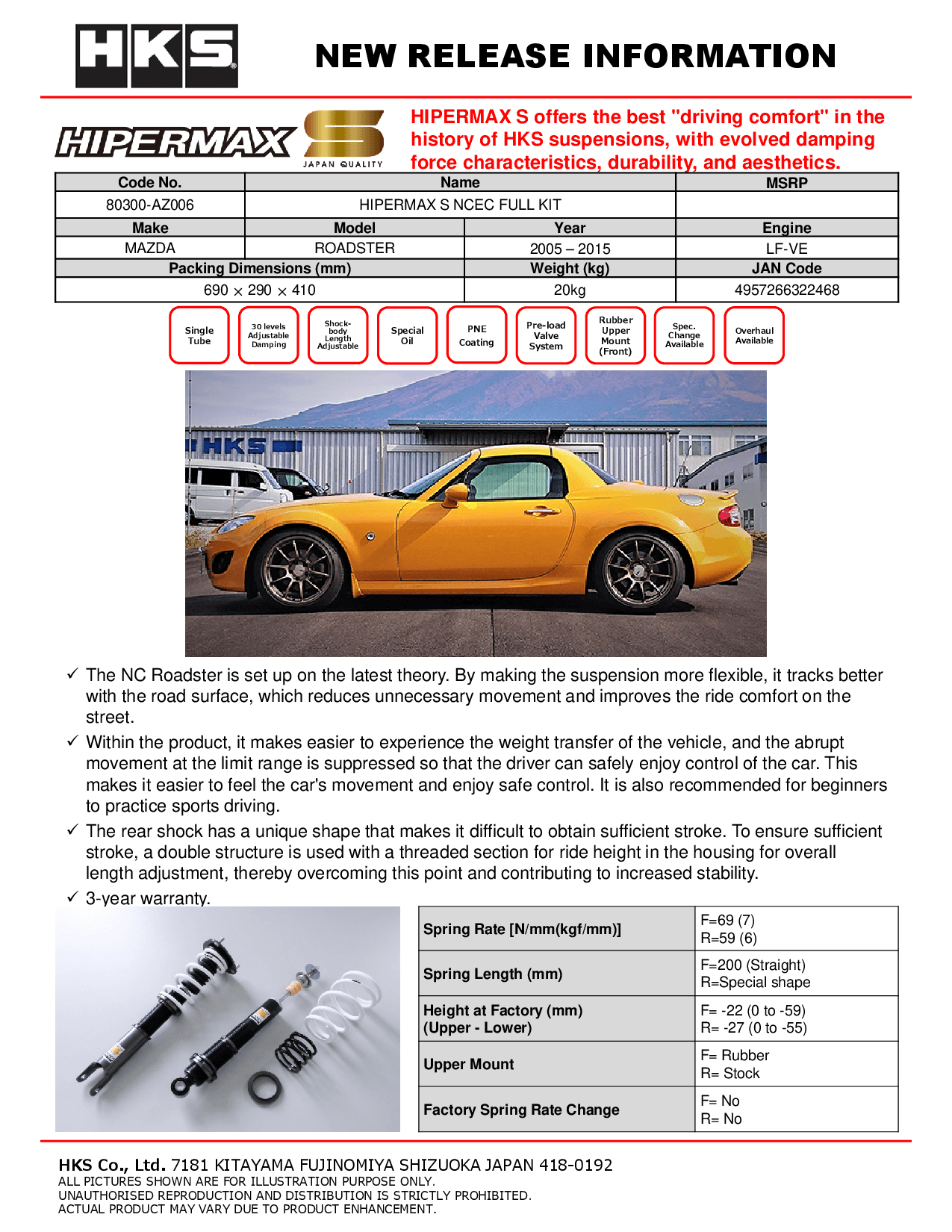 HKS Hipermax S Coilovers for 2006-2015 Mazda MX-5 Miata (NCEC) 80300-AZ006