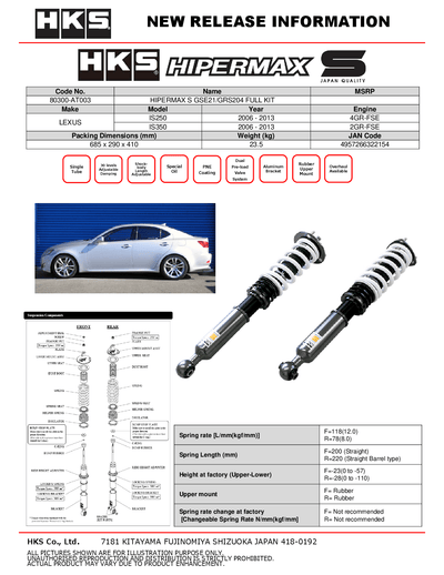 HKS Hipermax S Coilovers for 2007-2012 Lexus GS350 (GSE21/GRS204) 80300-AT003