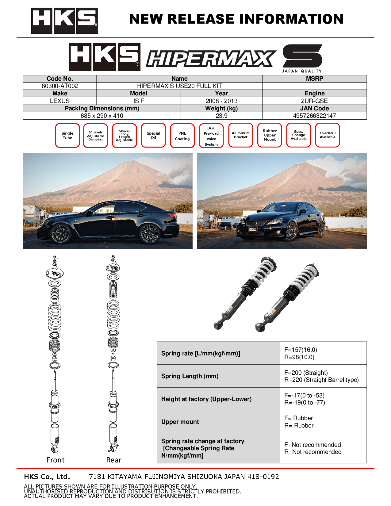 HKS Hipermax S Coilovers for 2008-2014 Lexus IS F (USE20 HKS Hipermax S Coilovers for 2008-2014 Lexus IS F (USE20