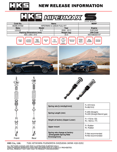 HKS Hipermax S Coilovers for 2008-2014 Lexus IS F (USE20) 80300-AT002