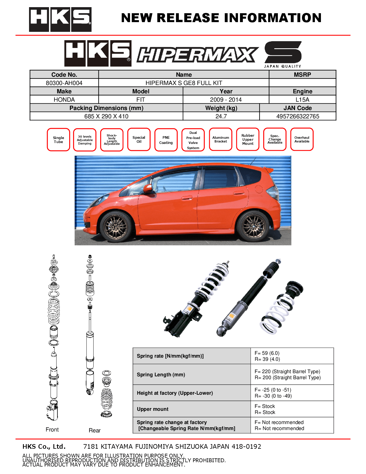 HKS Hipermax S Coilovers for 2009-2014 Honda Fit (GE8) 80300-AH004