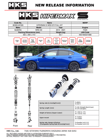 HKS Hipermax S Coilovers for 2015-2021 Subaru WRX