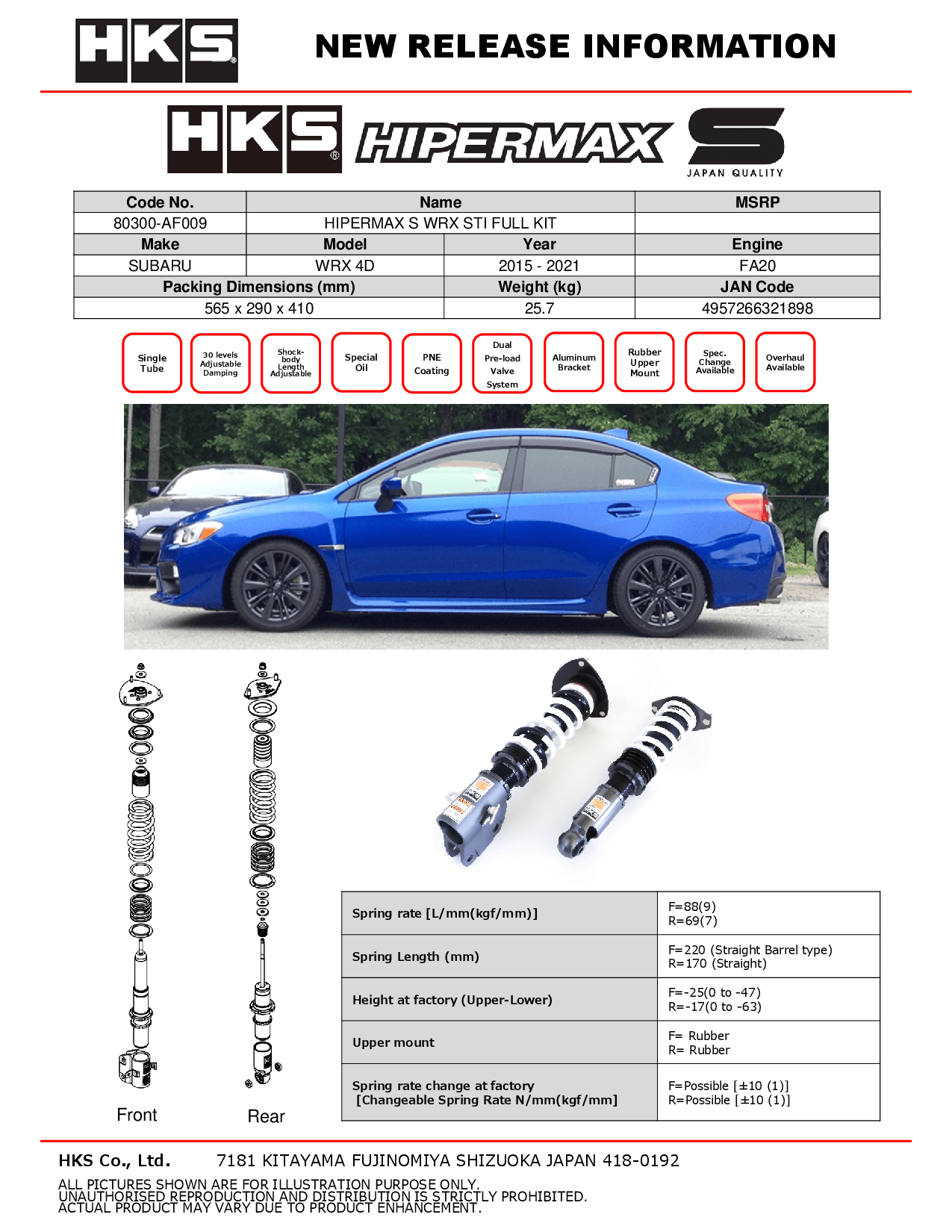 HKS Hipermax S Coilovers for 2015-2021 Subaru WRX 80300-AF009
