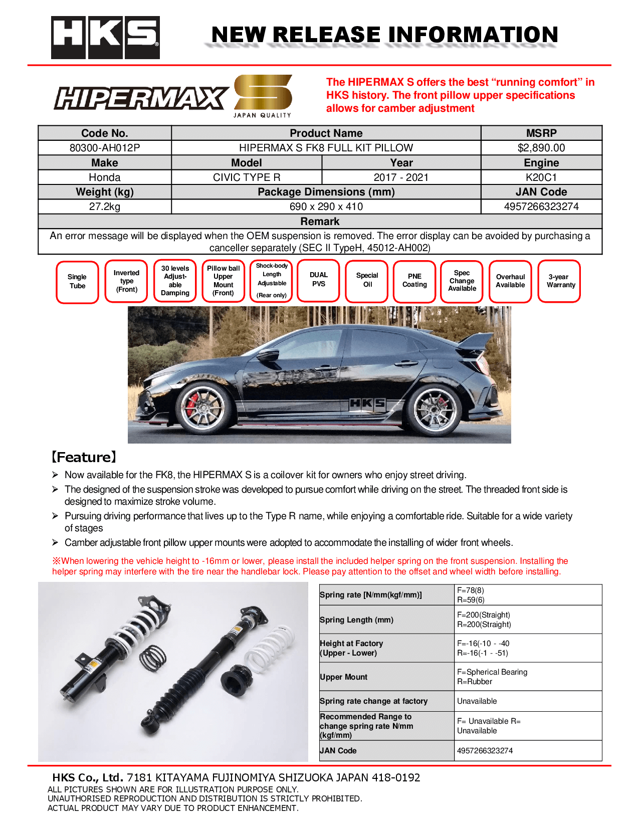 HKS Hipermax S Coilovers for 2017-2021 Honda Civic Type R (FK8