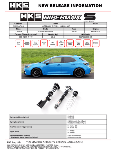 HKS Hipermax S Coilovers for 2019+ Toyota Corolla Hatchback (M20A-FKS) 80300-AT016